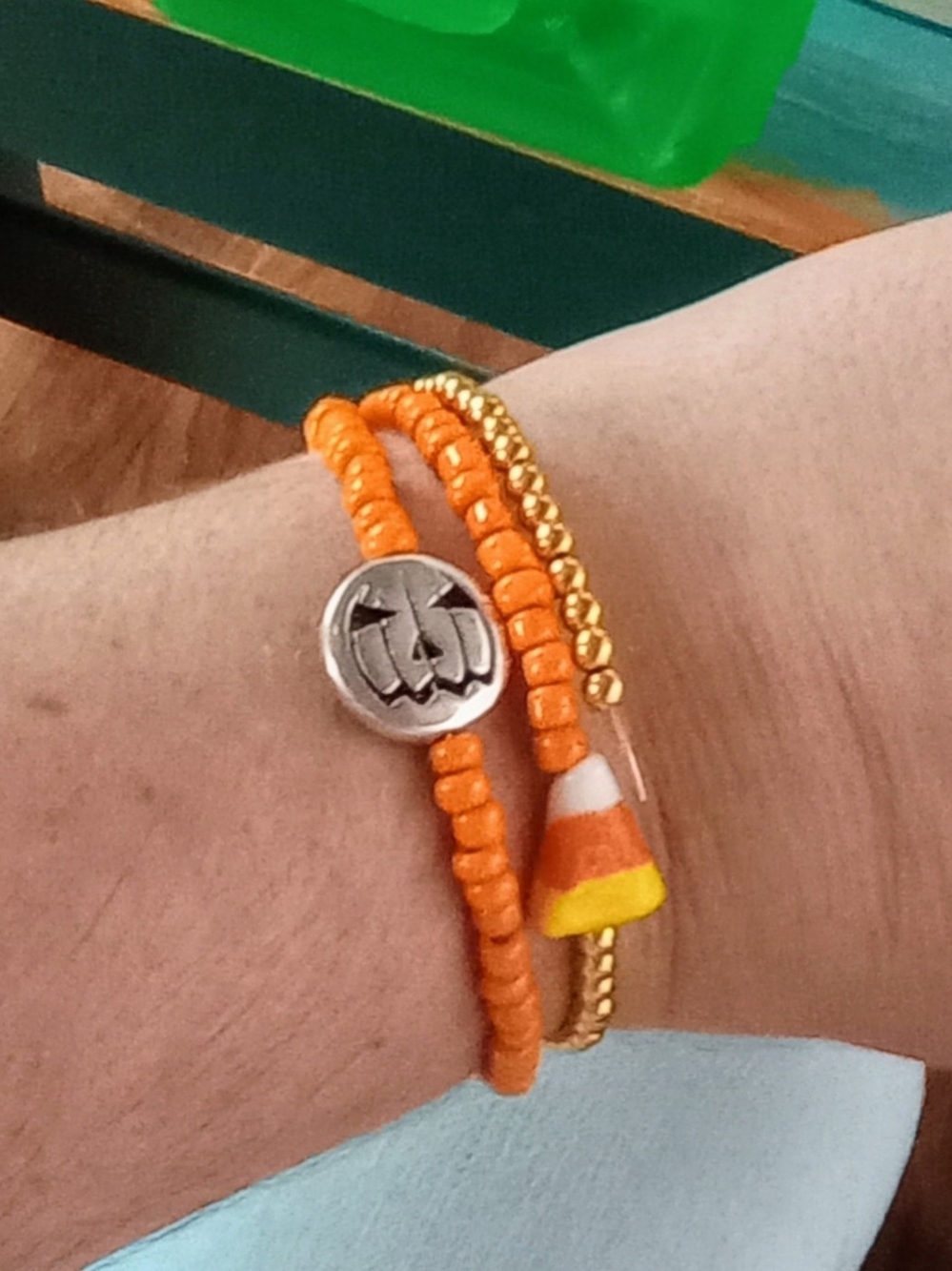 Orange Candy Corn Beaded Memory Wire Bracelet